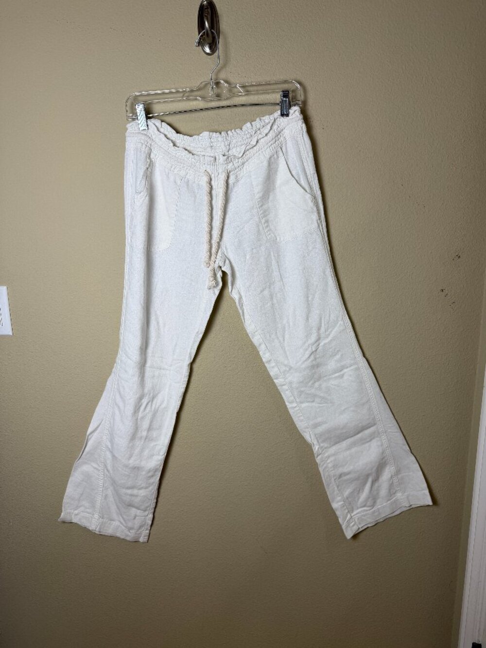 ROXY White Linen Drawstring Wide Leg White Pants Trousers Size Small